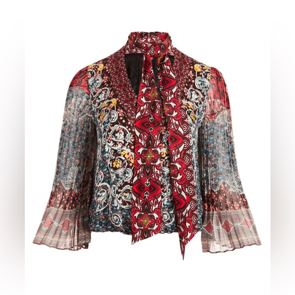Alice + Olivia Elaina Sunburst Tie Neck Paisley Blouse Size 2 Celebrity Style